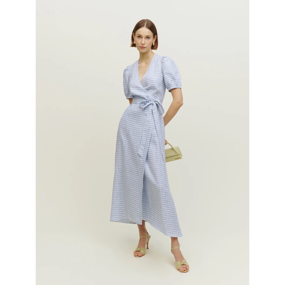 Reformation Weiss linen wrap dress in “Baguette” blue gingham